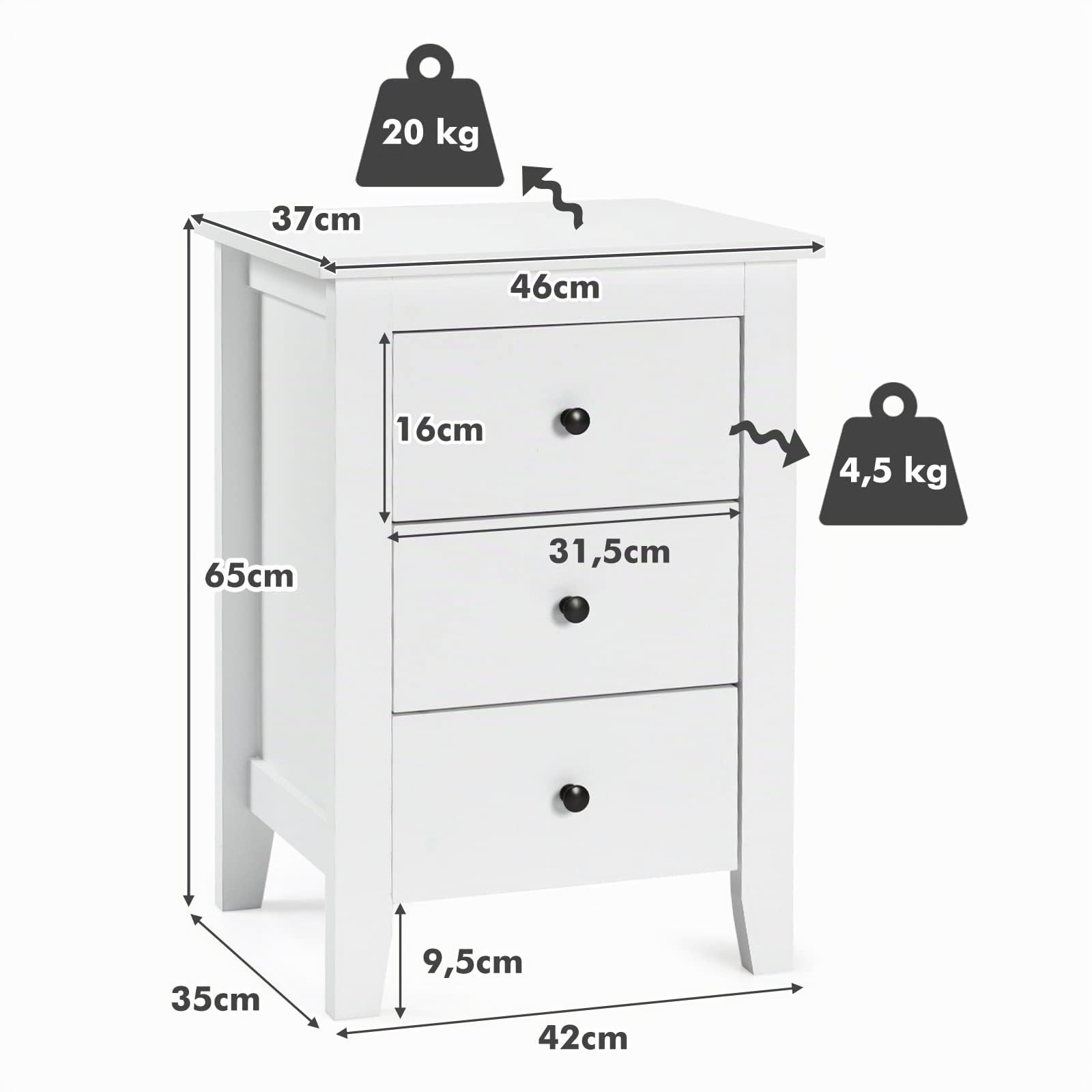 KOMFOTTEU Comodino a 3 Cassetti, Comò Cassettiera Salvaspazio e Moderno in Legno, Mobile con Cassetti per Camera da Letto, Soggiorno, Cucina, Corridoio, 46 x 37 x 65 cm (Bianco x 2)