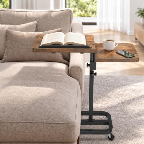 2026 Anti-Wobble Modern Rolling Portable Laptop Table with Lockable Wheels | Standing Couch Lap bed Desk for Adults & Kids,Independently adjustable dual tabletops,25” x 12.99”,Brown
