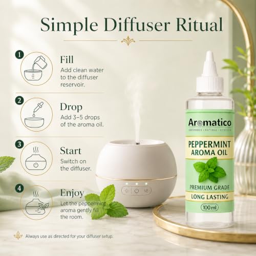Image of AROMATICO Pure Peppermint Aroma Diffuser Oil with Long-Lasting Fragrance - 100ml. Fragrance Oil for Homes, Offices & Showrooms. Ideal for Diffusers, Reed Diffusers, Air-Purifiers & Candles