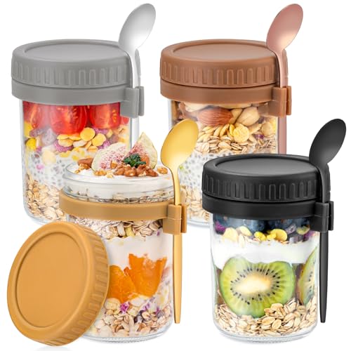 Image of 16 Oz Glass Overnight Oats Containers with Lids and Spoon Chia Pudding Jars | 4 Pack Mason Jars, Leak-proof and Portable, Wide-mouth Design for Storage & Meal Prep Yogurt, Cereals, Fruit, Snack, Sugar