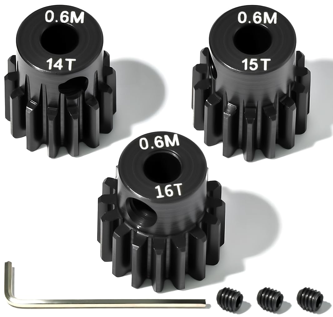 3PCS 0.6M Hardened Steel Pinion Gear Set with 3.175mm Shaft, 0.6 Metric Pitch 14T 15T 16T Pinion Gears Compatible with 1/10 Traxxas ARRMA Tamiya RC Car Brushed Brushless Motor Upgrade