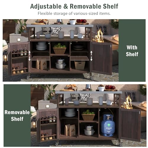 YOPTO Outdoor Kitchen Island Cart with Internal Storage Racks,Solid Wood Outdoor Grill Table W/Stainless Steel Top,4 Secure Locking Wheels,4 Hangers and Bottle Opener for Kitchen & BBQ,Dark Brown by YOPTO - Image 6