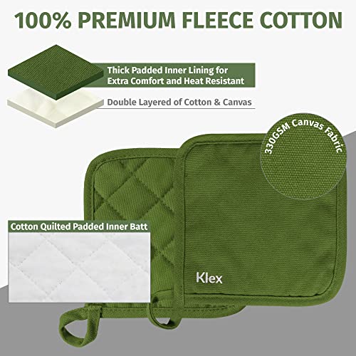 Klex 4Pcs 100% Thick Cotton Potholders For Oven Cooking And Baking, Durable 330Gsm Hot Pads, Up To 482°F Degrees Heat Resistance Pot Holder, Heavy-Duty Cotton Canvas, Green #TOP1