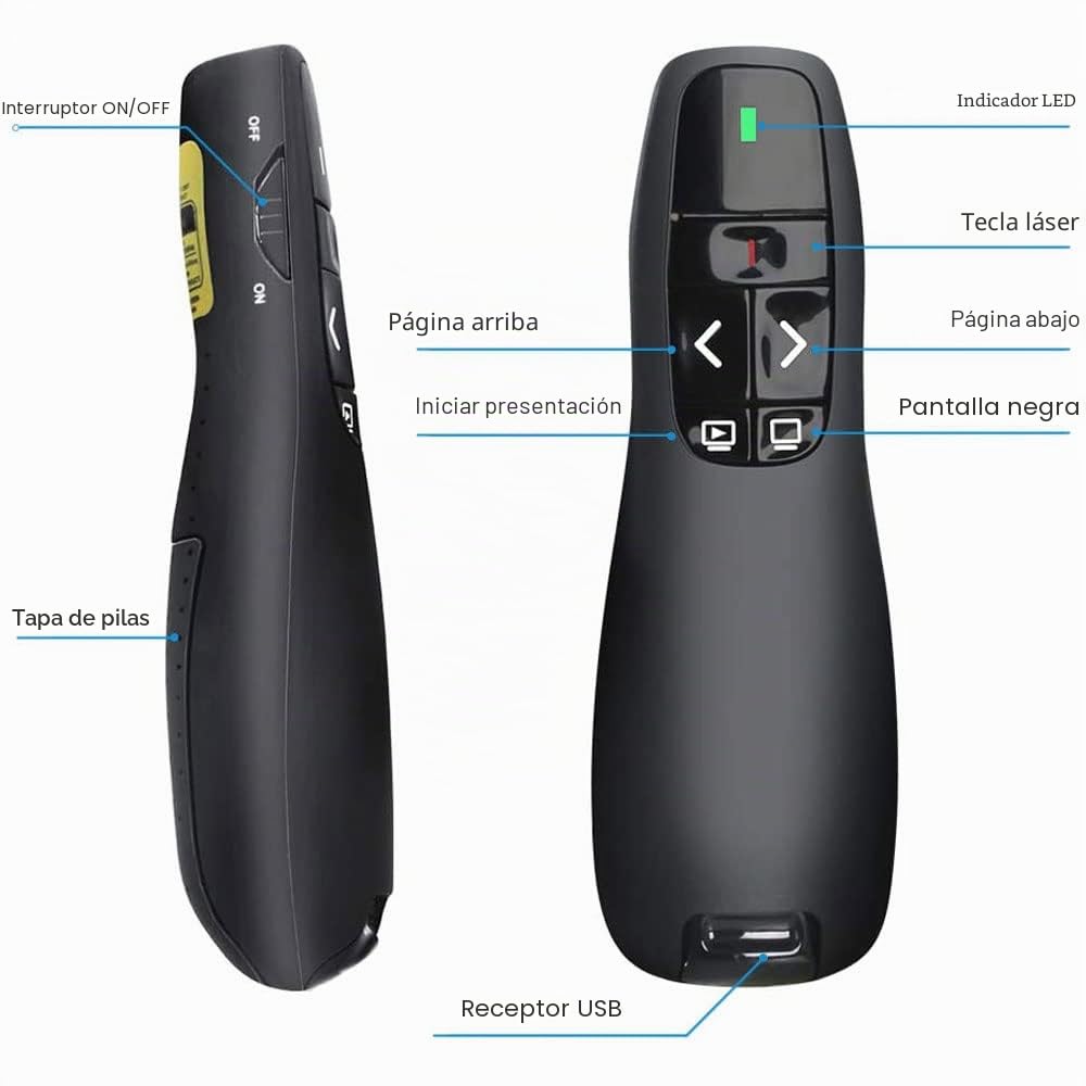 Ergonómico Pasador Diapositivas Mando Ordenador Powerpoint, 2,4GHz Presentador Inalambrico Mando Presentaciones USB Distancia Puntero Powerpoint Remote Presenter para Computadora Windows Mac