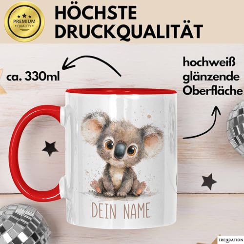 Koala Tasse mit Namen – Personalisierte Kaffeebecher Geschenk Tiermotiv süßes Motiv Becher mit Namen (Rot)