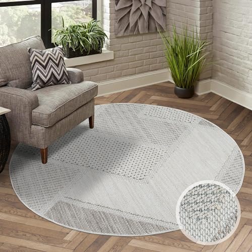 carpet city Teppich Kurzflor Wohnzimmer - Beige, Grün - 120x120 cm Rund - Teppiche Boho-Style -...