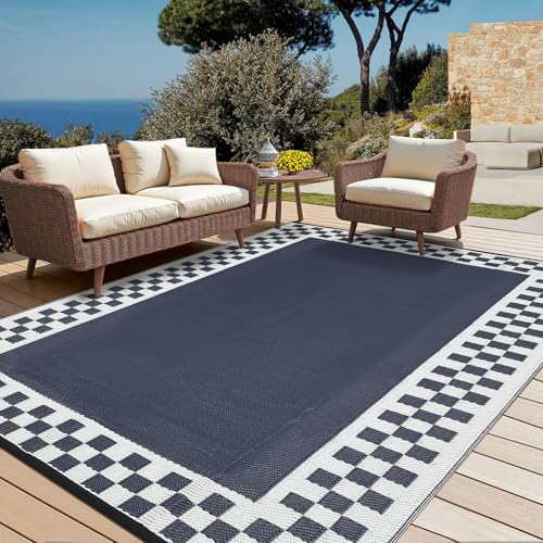 Checkered Outdoor Rug 8x10 Waterproof Modern Bordered Patio Rugs Plastic Straw Rug Large Indoor Outdoor Throw Carpets Reversible Mat for Picnic, Backy