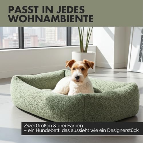 PAW WOW Sven Hundebett | Orthopädisches Hundebett | Teddy-Stoff | Hundekörbchen für kleine, mittelgroße und große Hunde (Olive, 85x65cm)