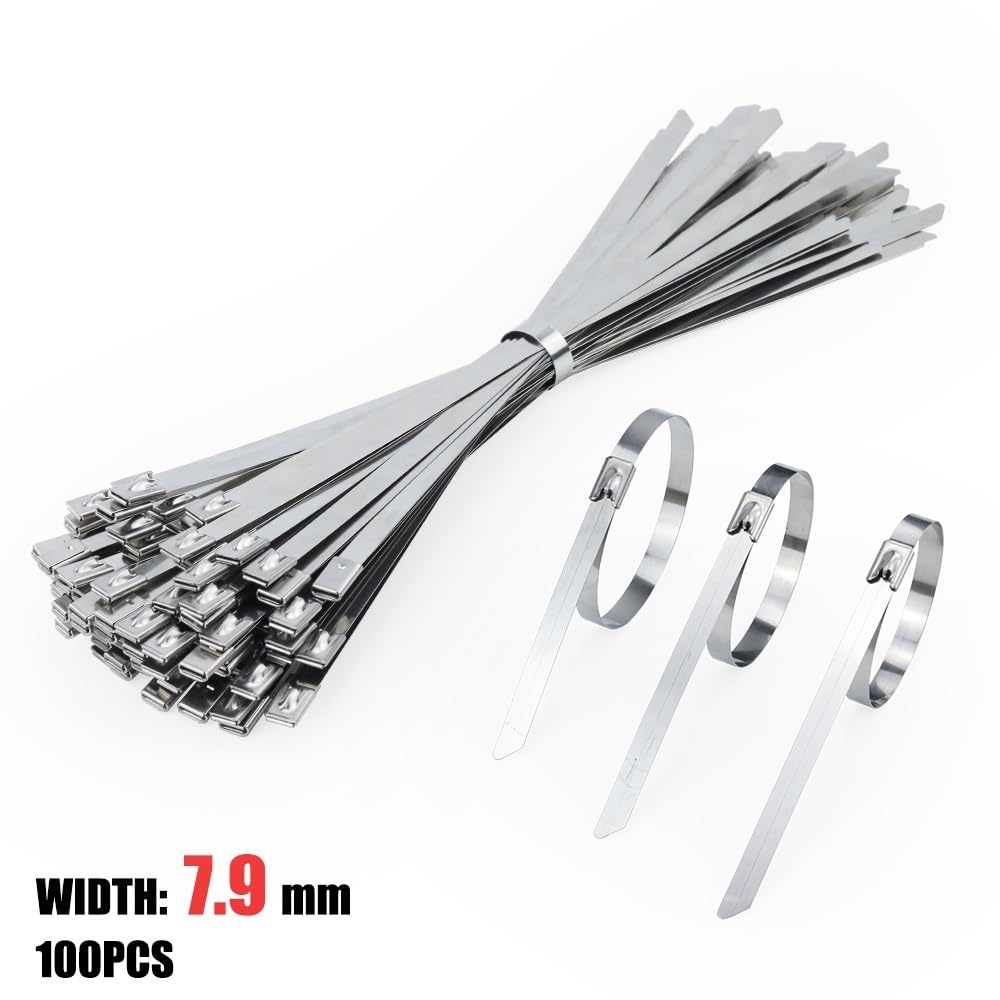 Attache Cable 100 pièces 304 attaches de câble en acier inoxydable largeur 7.9mm robuste autobloquant multi-usages en métal échappement 100/200/300/500/550mm Serre Cable(7.9mm x 250mm)