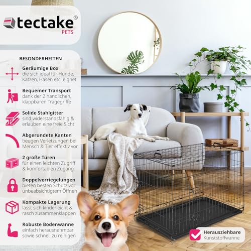 tectake® Hundekäfig, Hundegitter Box, Dog Kennel, Hundebox faltbar, Transportbox stabil, für Hunde und Welpen, für Kofferraum, Auto, Camping und Zuhause, Wohnung - 91,5 x 59,5 x 64 cm