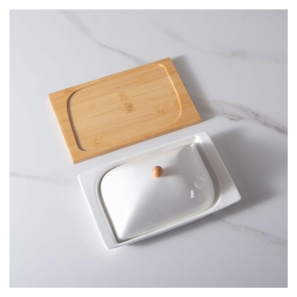 recipiente para mantequilla, Mantequillera de cerámica rectangular con tapa y base madera