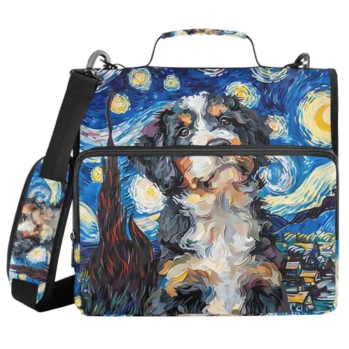 Image of 3 Ring Zipper Binder with Shoulder Strap Bernedoodle Dog Starry Night 1.5 inch Binders Keeper Large Capacity Multi Pockets for School Office Supplies