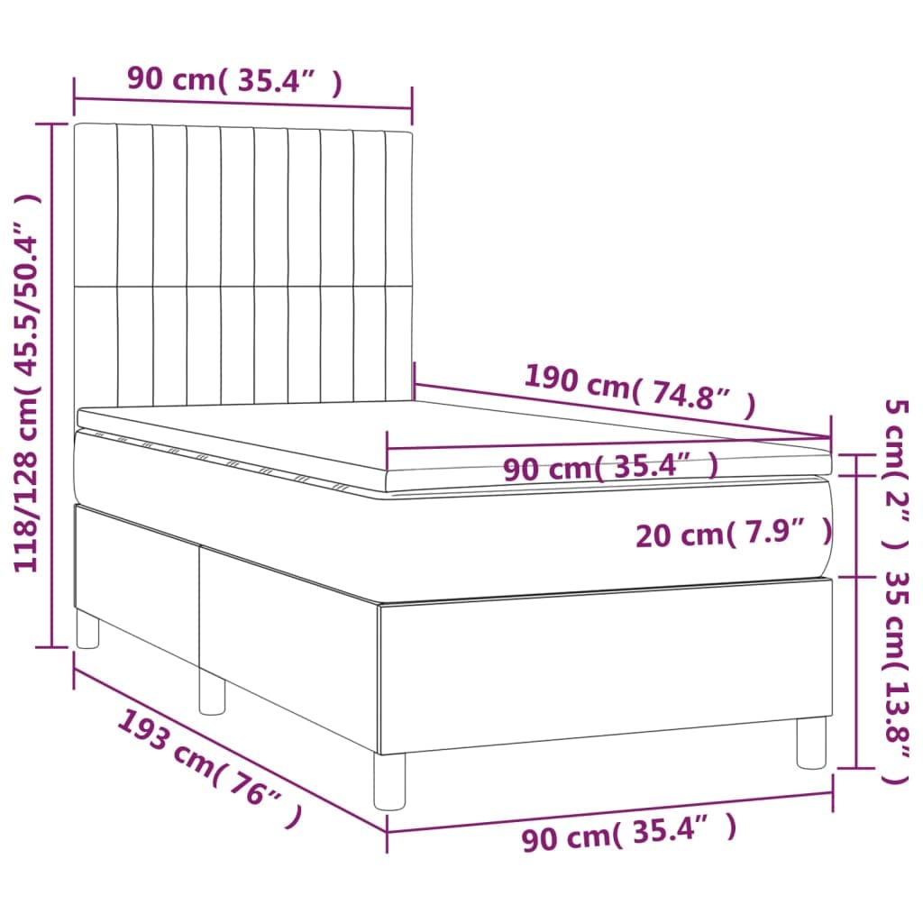 Samt Boxspringbett mit LED und verstellbarem Kopfteil Komfort Bett 90x190 | Boxspringbett mit Matratze und LED Licht Hellgrau 90x190 cm Samt Bett mit Kopfteil verstellbar Taschenfederkern Topper USB