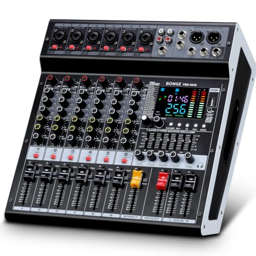 Image of BOMGE Powr Mixers Audio, 6Channel Power Sound Mixer Amplifier 2 * 400W Dj Mixer Board withUSB, 6 X Mic Pres, +48V, Bluetooth, 256 Kinds of DSP for Speakers,concert party, karaoke studio