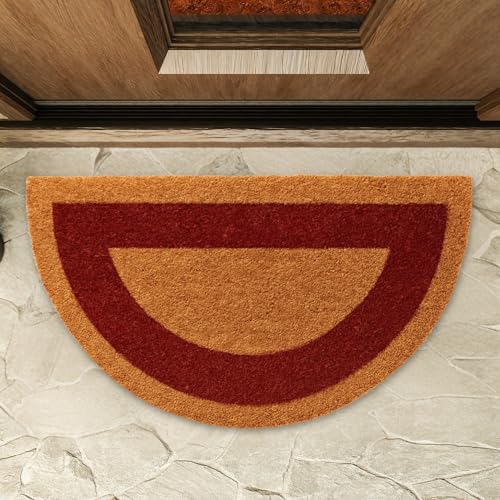 Felpudo de Coco, Alfombra de Entrada de casa, Felpudo ecológico de Fibra de Coco, Alfombrilla de Entrada, Tapete de Bienvenida, 100% Coco, Naturales sostenibles Cenefa Rojo, Semicircular, 55 x 30 cm