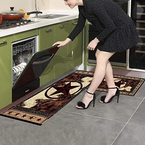 Western Kitchen Rugs And Mats Set Of 2, Non-Skid Soft Absorbent Texas Star Kitchen Mats Set For Floor, Rustic Farmhouse Comfort Runner Rug Carpets For Sink, Laundry, Hallway, Dinning Room, Office #TOP2