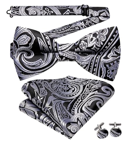 Image of Dubulle Mens Paisley Striped Bowtie Set Pre-tied Bowtie for Men and Pocket Square Set Wedding Business