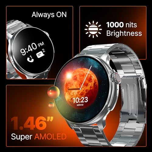 Image of CrossBeats Aura Round 1.46 inch Super AMOLED Metal Smart Watch, Always On, Advanced AI ENC Bluetooth Calling, in-Built Games, Fast Charge, Rotating Crown, 123+ Sports Modes, 454 x 454 Pixel
