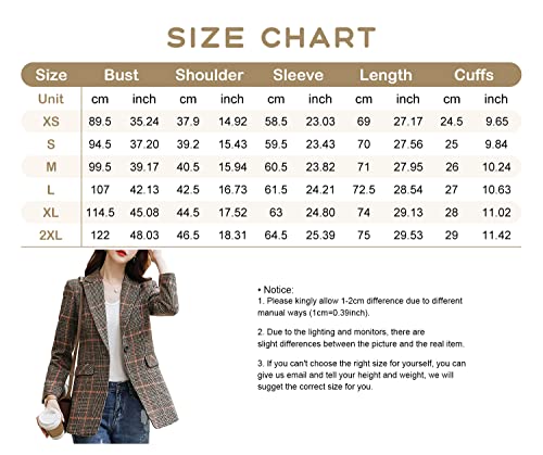 ebossy Women's Notch Lapel 2 Button Boyfriend Blazer Suit Houndstooth Plaid Jacket Coat (Large, Z-Khaki)