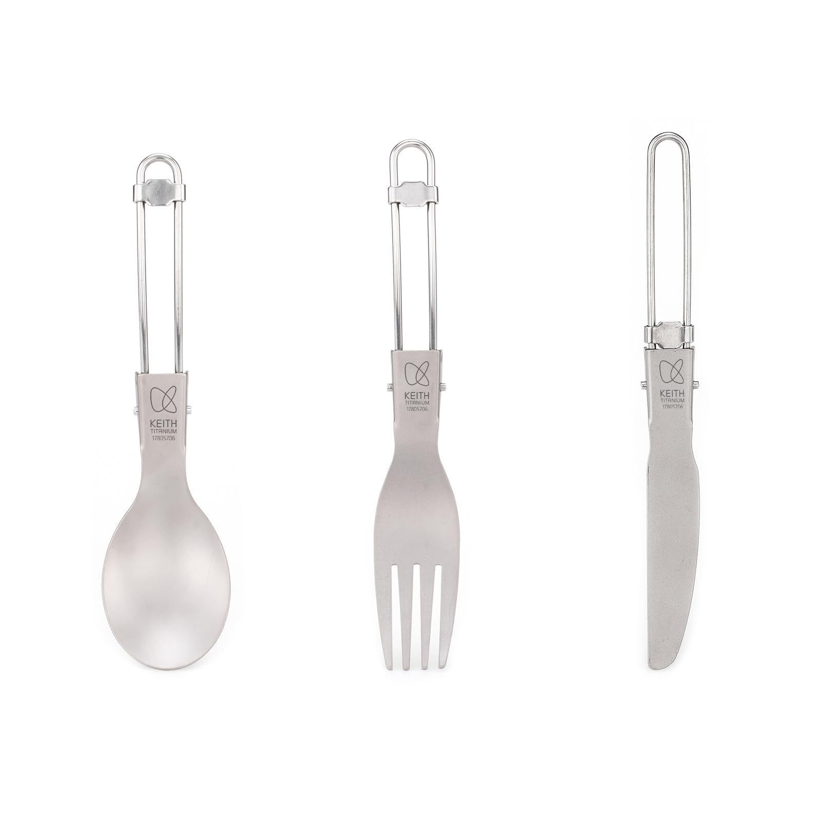 KEITH Pure Titanium Folding Spork Fork Spoon Set - Ultralight 3-Piece Camping Cutlery, 51.5g Compact Foldable Travel Cutlery for Backpacking, Hiking, Office Lunch & Outdoor (Ti5300)