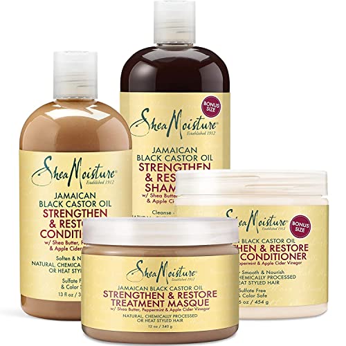Shea Moisture Strengthen Grow & Restore Combo Bundle, Includes – 16 Ounce Jamaican Black Castor Oil Shampoo | 16 Ounce Leave-In Conditioner | 13 Ounce Conditioner | 12 Ounce Treatment Masque