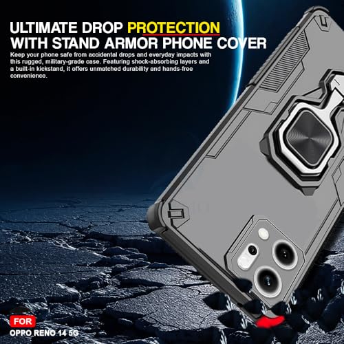 Image of AESTMO Armor Back Cover for Oppo Reno 14 5G | Ring Holder & Kickstand & Camera Protection in-Built | 360 Degree Protection Back Case Cover (Black)