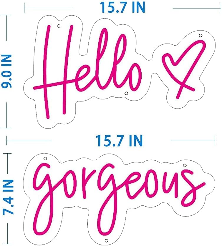 CiCiYours Hello Gorgeous Neon Light with Heart Pink LED Neon Signs for Girl Bedroom Home Wall Decor Outdoor Party Light 2 Parts Words Lights-"Hello" 16x9","Gorgeous" 16x7"