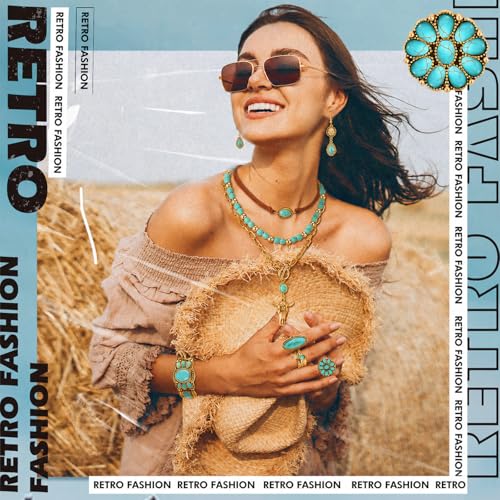 Image of Ecally Bohemian Western Jewelry Turquoise Set Women Country Pendant Long Choker Layered Bracelets Earrings Ring for Women
