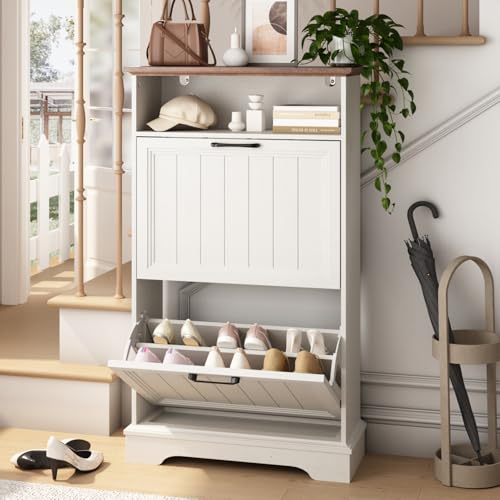 Image of 24 inch W Hidden Shoe Storage Cabinet with 2 Flip Drawers & Open Storage