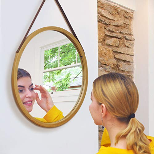 Hanging Round Wall Mirror in Bathroom & Bedroom - Solid Bamboo Frame & Adjustable Leather Strap (Bamboo, 17-3/4") - Image 5