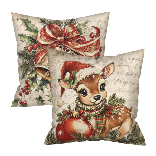 Ancordivo Christmas Reindeer Bell Pillow Covers 22x22 Inch Set of 2