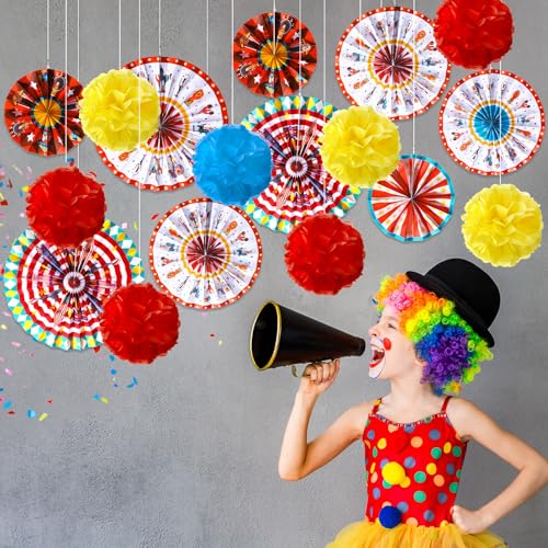 Image of Outus 21 Pcs Carnival Party Decorations with Circus Hanging Paper Fans Red Yellow Blue Paper Pom Poms Tissue Flowers for Ceiling Wall Carnival Circus Theme Birthday Baby Shower Party Favors Supplies