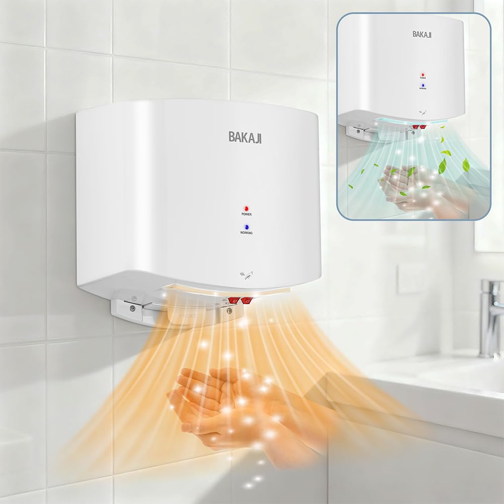 BAKAJI Asciugamani Elettrico a Parete Automatico per Bagno, Hotel, Ristorante, Bar, Asciuga Mani a Muro 1400W Compatto, Asciugatura Alta velocità Fredda e Calda, Senza Contatto per Bagni Pubblici