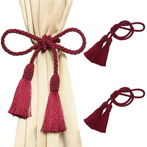Image of 2 Pack Curtain Tiebacks Handmade Decorative Curtain Holdbacks Rope with Tassel - Burgandy