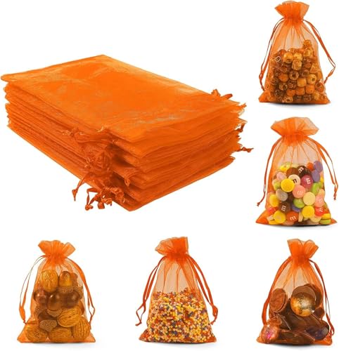 Image of ANZNKU 50 Pack Organza Bags 5 x 7 Inch, Orange Mesh Favor Bags Drawstring for Candy Jewelry Sachet, Small Mesh Gift Bags for Wedding & Halloween Candy Party Favors