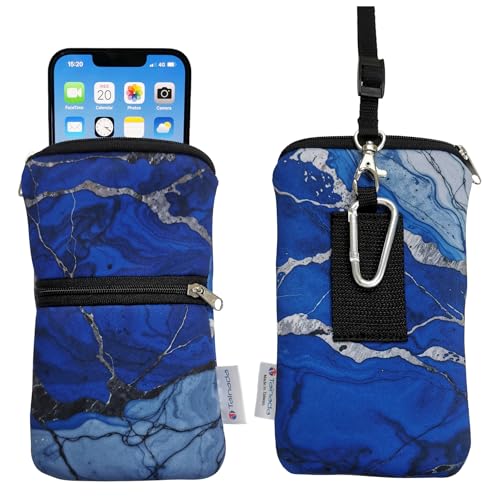 Image of Tainada Men Women Cell Phone Neoprene Shockproof Zippered Sleeve Case Bag Pouch w /Carabiner, Neck Lanyard, Belt Loop Holster for iPhone 17 /16 Pro Max,16 Plus,16e, Samsung S25+, S24, A56 (Marble Blue)