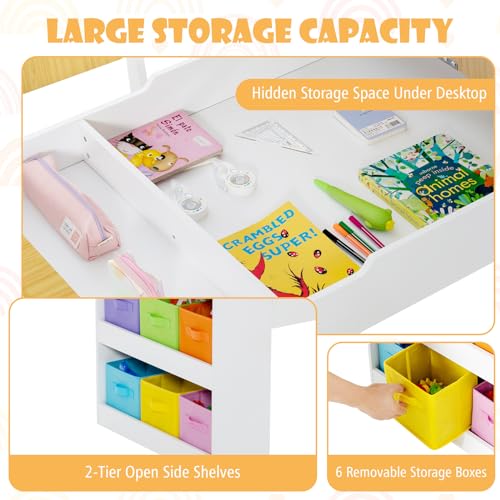 Image of GLACER Kids Table and Chair Set, 3 in 1 Wood Arts and Crafts Activity Table w /Paper Roller, Paint Cups & 6 Storage Bins, Children's Playroom Classroom Furniture, Toddler Table and Chair Set