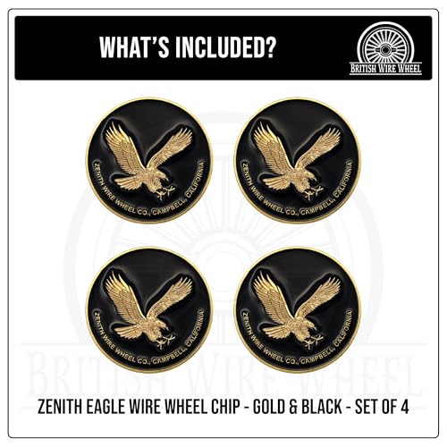 Image of Zenith Eagle Gold & Black Metal Wheel Chip Emblems (Set of 4) | 24K Triple Gold Plated Solid Metal Wheel Chip Emblems, 2.25 inch | for Lowriders with Recessed Knock Off Spinner Caps
