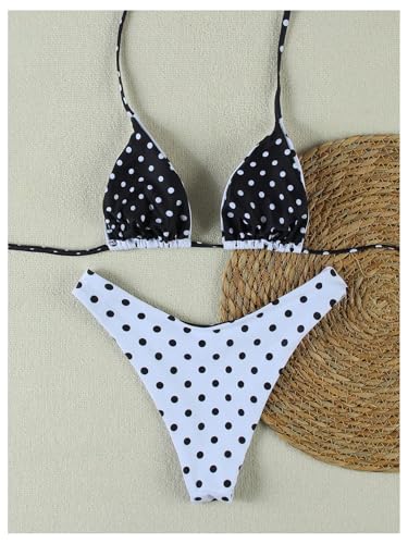 WDIRARA Women's Polka Dots Triangle Halter Swimsuit High Cut Bikini Set 2 Piece Bathing Suit4