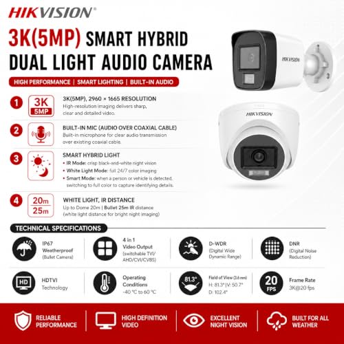 Image of Clocite HIKVISION 3K /5MP 16 CH DVR, 3K (5MP) 8 Dome & 4 Bullet Cameras [Color Night Vision + Built-in Audio MIC + SMART Dual Light + Motion Detection] + 4TB HDD 8 CH SMPS 2 Nos + CCTV Cable + BNC /DC