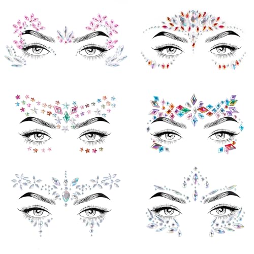 Canvalite 6 Pcs Face Gems for Women Festival Rhinestone Face Jewels Temporary Tattoos Festival Accessories for Halloween Christmas Birthday Carnival Party