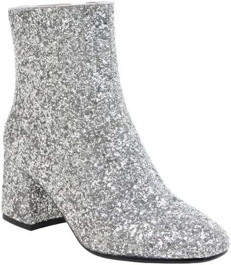 Women's Mid Block Heel Glitter Ankle Boots - Zipper Closure Sparkly Booties for Party & Prom, Stylish Footwear for Ladies