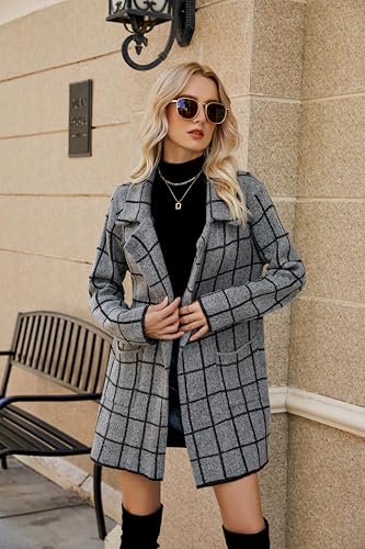 chouyatou Womens Business Casual Plaid Sweater Cardigan Open Front Notched Lapel Knit Blazer Jacket Coat2