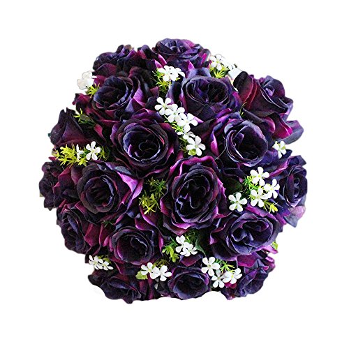 Mikilon Artificial Flowers 18 Heads Real Looking Fake Roses for Wedding Bouquets Centerpieces Arrangements Party Home Decorations (Purple)