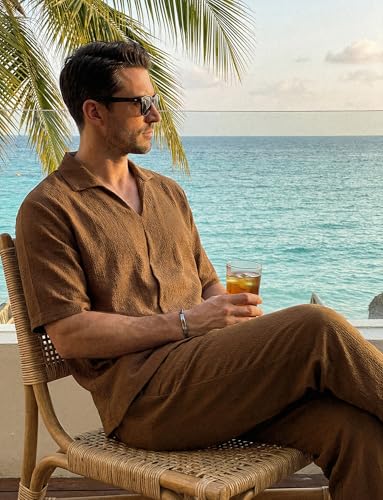 Men Two Piece Outfits Sets Casual 2 Piece Outfits Solid Colour Comfortable Fashionable Vacation Holiday Beach Set Coffee Brown XXL