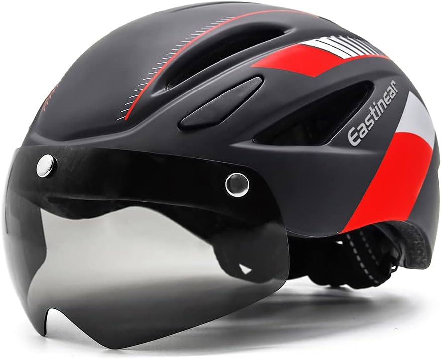 EASTINEAR Adults Bike Helmet Magnetic Goggle Cycling Helmet with USB Rechargeable Taillight for Men Women Mountain & Road Bicycle Helmet Sunglasses Shield Size M/L (Black Red)