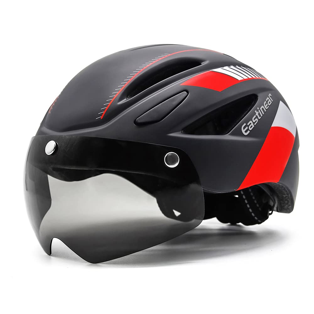 EASTINEAR Adults Bike Helmet Magnetic Goggle Cycling Helmet with USB Rechargeable Taillight for Men Women Mountain & Road Bicycle Helmet Sunglasses Shield Size M/L (Black Red)