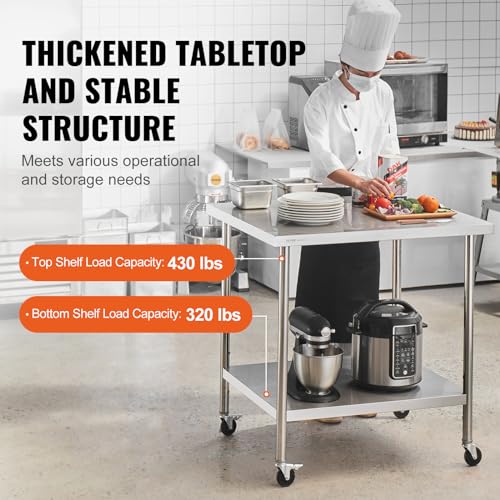 Image of VEVOR Stainless Steel Table 24 x 36 x 38 Inch, with 4 Wheels, 3 Adjustable Height Levels, Heavy Duty Food Prep Work Table for Commercial Kitchen Restaurant, Silver