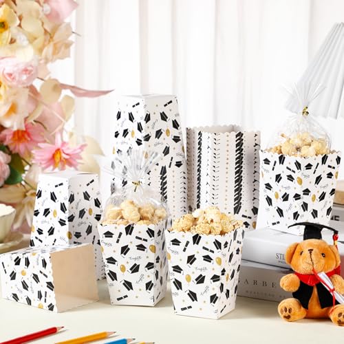 Image of CHENGU 100 Set Graduation Popcorn Boxes Class of 2026 Party Favors Supplies, Mini Paper Popcorn Containers Bucket Graduation Candy Box with Clear Treat Bags and Ties, 2.2 x 4.2 x 3