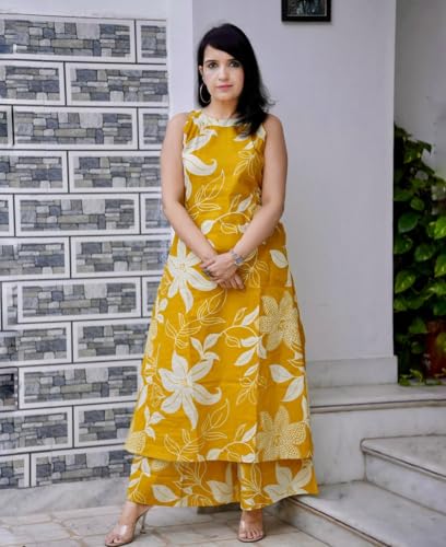 Image of Klosia Women Pure Cotton Kurta Palazzo Set | Sleeveless Printed Kurta with Palazzo Pants | Summer Friendly, Office Wear Co-Ord Sets